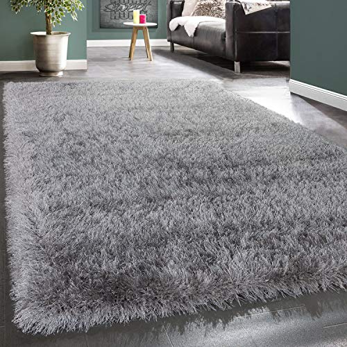 Paco Home Hochflor Teppich Wohnzimmer Schlafzimmer Shaggy Weich Modern Pastell Einfarbiges Design, Grösse:80x150 cm, Farbe:Grau