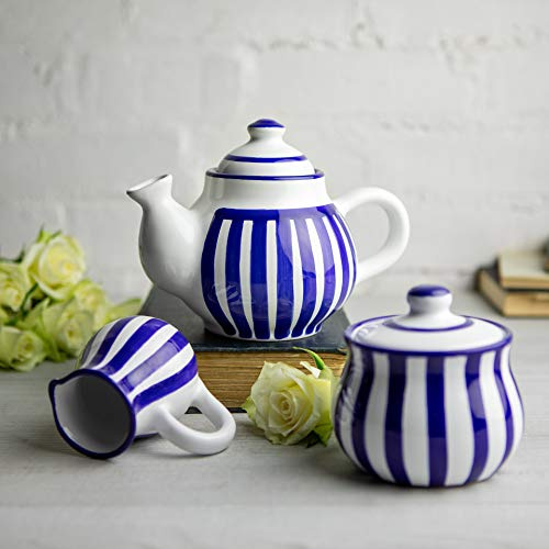 City to Cottage® Set de Tetera, Jarra de Leche y Azucarero de Cerámica Artesanal de Lunares en Azul Marino a Rayas