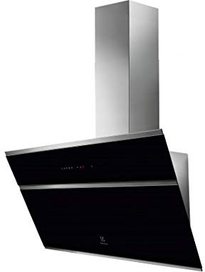 Hotte decorative murale Electrolux EFV719K - Hotte aspirante Pan incliné Noir inox - Largeur 90 cm - Débit d'air maximum 760 m3/h - Niveau sonore mini./maxi. 42 / 66 dBA - Recyclage (filtre à charbon inclus) - Evacuation - Classe énergétique A