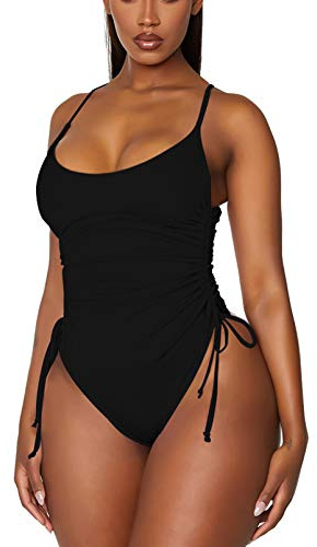 Viottiset Women's Ruched High Cut One Piece Swimsuit Tummy Control Cheeky Bathing Suit Black Large