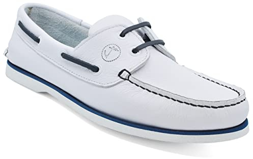 Seajure Chaussures Bateau Homme Sauvage Cuir Blanc et Bleu Marine (Numeric_45)