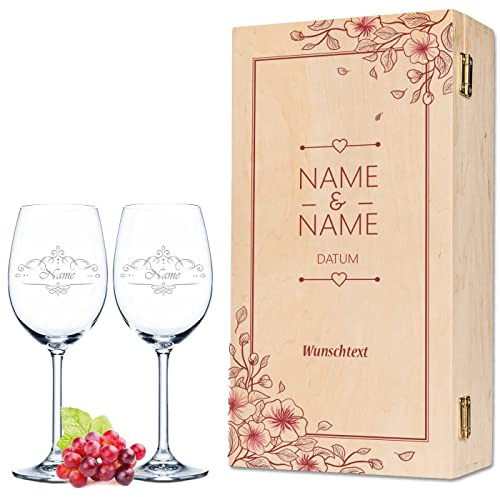 GRAVURZEILE Leonardo Weingläser mit Gravur - Red Flowers Pampasgras - Personalisiert mit Namen & Datum - Geschenk zur Hochzeit Verlobung - inkl. bedruckter Holzkiste - Farbe: Kleine Kiste UV
