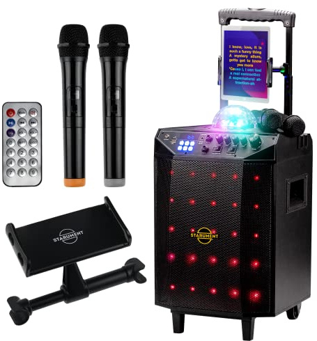 Starument Máquina de karaoke portátil para adultos y niños, sistema completo de karaoke que incluye altavoces Bluetooth sobre ruedas, 2 micrófonos Bluetooth, bola de discoteca, luz LED de altavoz,