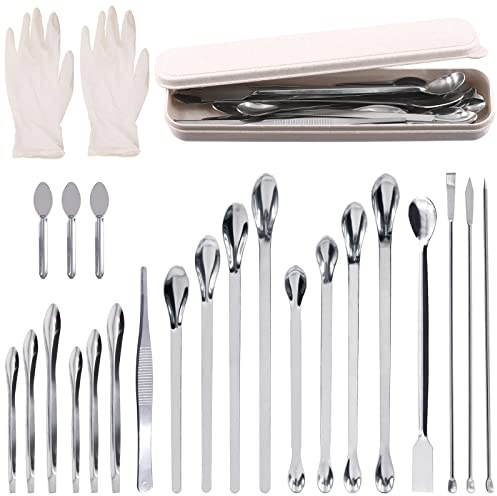 Rustark 23 espátulas de laboratorio de acero inoxidable, micro espátulas, cuchara de muestreo de laboratorio, cuchara de muestreo larga, kit surtido para reactivos, polvos de laboratorio y gel