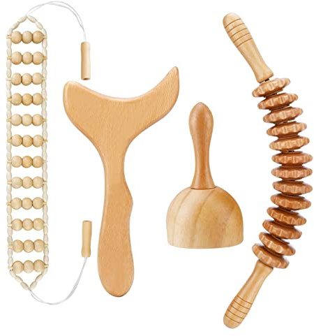 JUNRA 4 Stück Holztherapie-Massagewerkzeuge, Lymphdrainage Massagegerät, Maderoterapie-Set, Holztherapie-Werkzeuge für Körperformung und Modellierung
