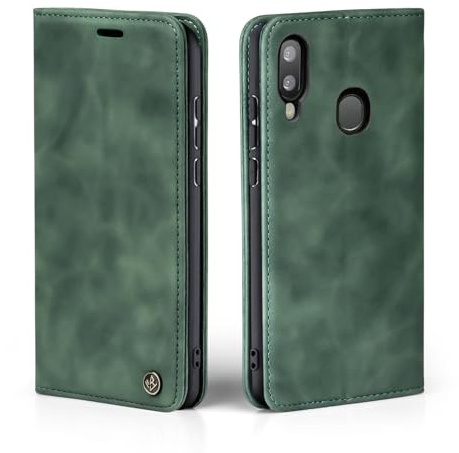 LBH Handyhülle für Samsung Galaxy A20e in Grün mit Karten- und Geldfach Smartphone Hülle mit Standfunktion Flip Case Schutzhülle Magnetverschluss Vintage