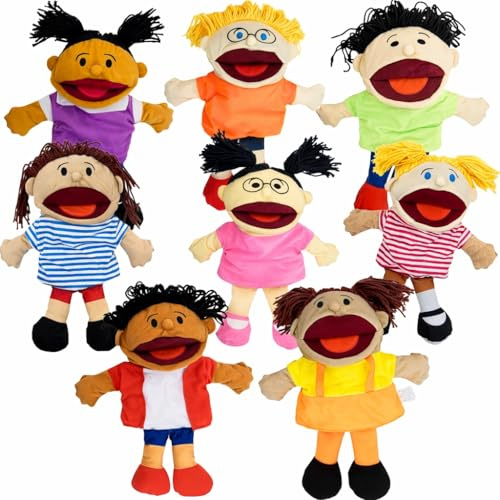 4E's Novelty Multicultural Hand Puppets for Kids - 8 Pack with Movable Mouth, Bulk Soft Plush Puppets for Kids Ages 4-8, for School Home Theater Shows, Teachers Classroom Supplies