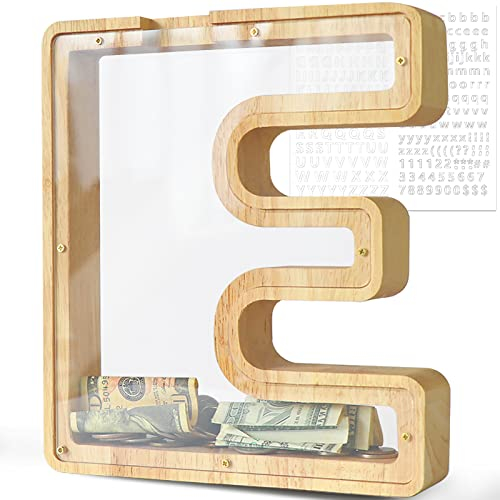 DBPBToU Spardose aus Holz Buchstaben, Groß Durchsichtig Sparschwein für Kinder, 23 * 4 * 23cm Große Personalisierte Sparbox, Lustige Piggy Bank für Geburtstag Geschenk/Heimdekoration/Keepsake (E)