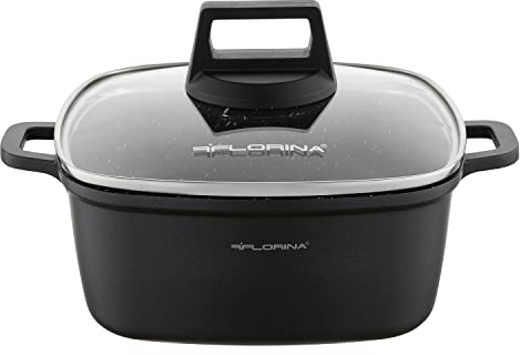 FLORINA Olla de aluminio (2,6 l) | profundidad x ancho x alto: 20 x 20 x 8 cm | Olla con tapa de cristal - antiadherente | olla de inducción - rectangular | ideal para cocinas de inducción, cocina de