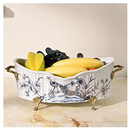 Frutero Tazón de fruta Chino Retro Pintado Plato de fruta de cerámica Sala de estar Restaurante Decoración de escritorio Plato de fruta grande Cobre Manija de doble oreja Tazón de caramelo Cesta de Fr