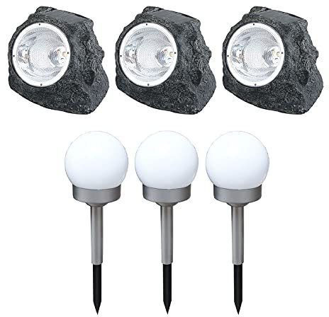 Solarlampen Gartendeko Lampen Steinoptik für Außen Garten LED Terrassen Dekoration Kugel Solar, Kunststoff weiß grau, LED 3000K, 6er Set