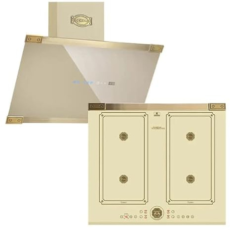 Kaiser KCT 6745 FI ElfAD +AT 6445 ElfAD ECO - Plaque de cuisson à induction 60 cm, Hotte aspirante 60 cm, verre ivoire, baguettes métalliques