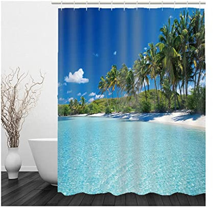 Duschvorhang 120X180 Design, Duschvorhang Eckbadewanne Polyester Bath Curtains Baum Am Meer Blau Grün für Outdoor Hotel