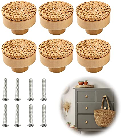 RUNEAY Tiradores de muebles de ratán con tornillos, 40 mm, de madera, decoración bohemia, pomos para armarios, cajones, salones, armarios de cocina (6 unidades)