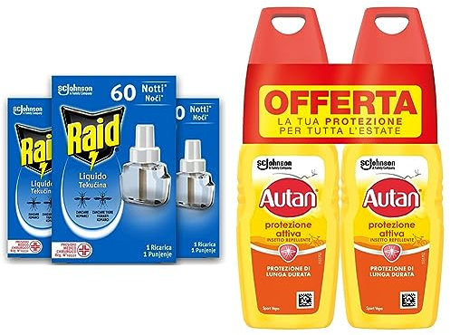 Raid Liquido Elettrico tripla ricarica, efficace contro Zanzare Tigre e Zanzare Comuni 60 Notti & Autan Protezione Attiva Vapo Bipacco, Spray Antizanzare Comuni e Tigre, Insetto Repellente