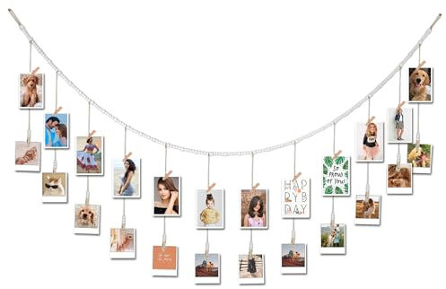 Guirlande de perles en bois de 1,8 m avec pinces à linge et porte-cartes – Décoration de Noël bohème avec clips
