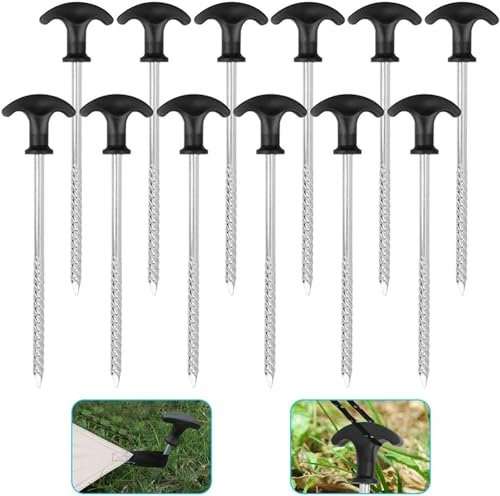 LATRAT 12x Zeltheringe aus Stahl, Stabile Erdnägel mit Gewinde, 21cm Heringe Camping mit T, ideal für weiche bis Harte Böden Erdschrauben