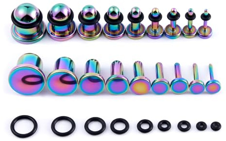 Longbeauty 9 Paar Piercing Ohrplugs Stretching Kit aus Edelstahl Punk Dehnstäbe Ohrschmuck Ohr Tunnel Einzelne Flare Gauges mit O-ringe 14G - 00G für Damen Herren