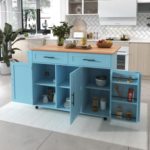 SogesHome Carrello da cucina su ruote, tavolo da pranzo mobile, isole da pranzo, carrello da servizio, credenza con piano pieghevole, 2 cassetti, 6 stanze con porte, isola della cucina su 5 ruote