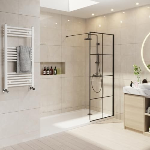 NRG 700 x 1950mm Grid Wetroom Shower Screen, 8mm Glass, Black Framed | Easy Clean Glass, 1m Stainless Steel Support Bar, 15mm Wall Adjustment, Left or Right Fit, No Tray