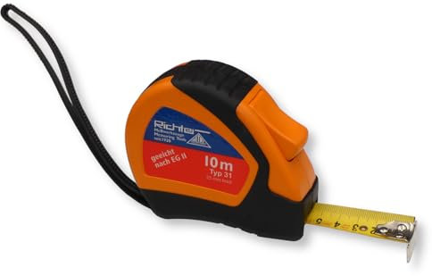 Richter Mètre ruban de poche de 10 m - Largeur : 25 mm - Avec clip de ceinture et dragonne - Ruban en acier laqué jaune avec peinture résistante à l'abrasion