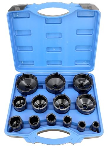 DPTOOL 13pc Spindle Nuts Socket Kit Ball Joints Axle Locknut Remove Install Locking Hub Socket for KM Groove Nuts, 4 Teeth Exterior with 1/2'' (21.5, 25, 30, 32.5, 36, 43, 48.5, 57, 62.5, 69, 76) mm