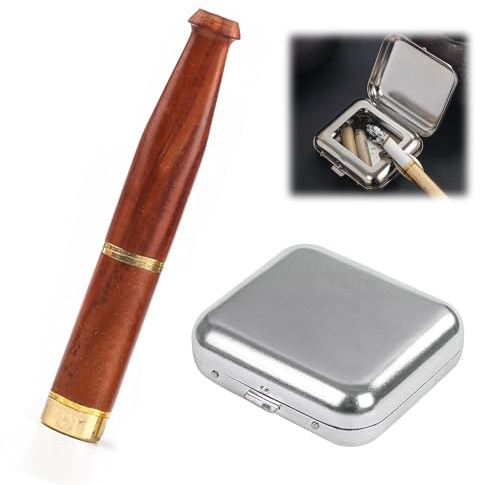 LONGHAO 2 pcs Holz Zigarettenhalter Set Taschenaschenbecher Handgefertigter Zigarettenhalter Tragbarer Mini Taschenaschenbecher Wiederverwendbarer,Filter für Standard Zigaretten,Leichter Outdoor (#1)