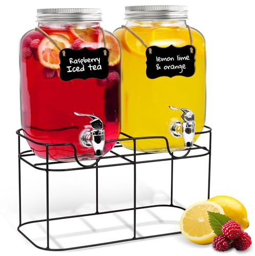 HEFTMAN Glass Drink Dispenser with Tap - 2 x 4 Litre Mason Jar Drink Dispenser with Leakproof Tap & Metal Wire Stand - Drinks Dispenser, Cocktails, Empty Beverage Dispenser