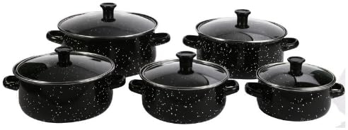 Herzberg HG04128 - Set di 10 pentole e padelle con coperchi in vetro, smalto nero, manici confortevoli, dimensioni versatili (16-24 cm), durata superiore, facile da pulire