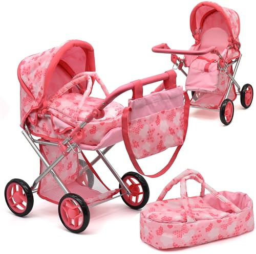 Baby Doll Convertible Pram Stroller with Removable Travel Bassinet Carrier for Kids Adjustable Handle Buggy Carriage with Canopy and Storage Basket 25 Inch Pink