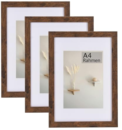 LYYYYX Cornice A4 Legno Rustico, Passepartout,Acrilico Antiriflesso, 3pz | Shabby‑retro cornici con passepartout per foto A5, Appoggio & Appendi, Orizzontale/Verticale per Poster,Certificati,Collage
