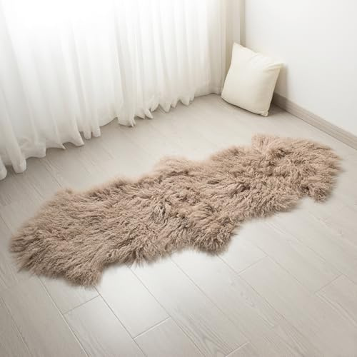 CloudDwelling 100% Genuine Sheepskin Area Rug Real Lightweight Fluffy Soft Mongolian Long Wool Fur Carpet for Couch Bed Sofa Bedroom Living Room Taupe 2x5ft