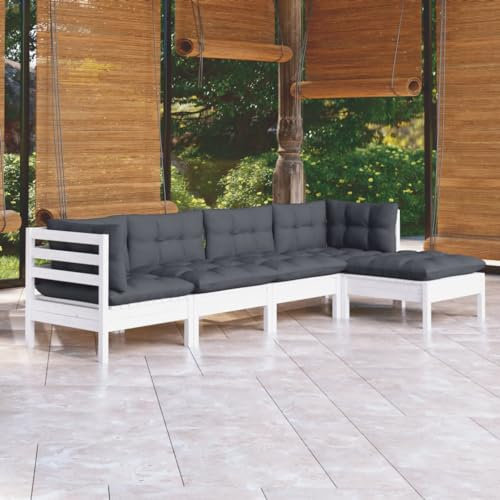 KTHLBRH 5-TLG. Garten-Lounge-Set mit Kissen Weiß Kiefernholz Gartenmöbel-Sets Outdoor-Möbel-Sets Terrassenmöbel-Sets Balkonmöbel-Sets für Terrasse, Garten, Balkon