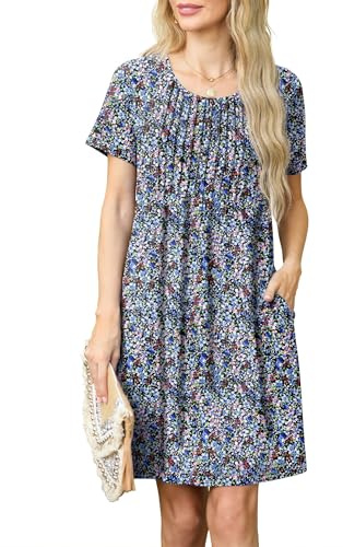 GRECERELLE Womens Summer Mini Dress Casual Short Sleeve Crew Neck Pleated Dresses with Pocket for Ladies