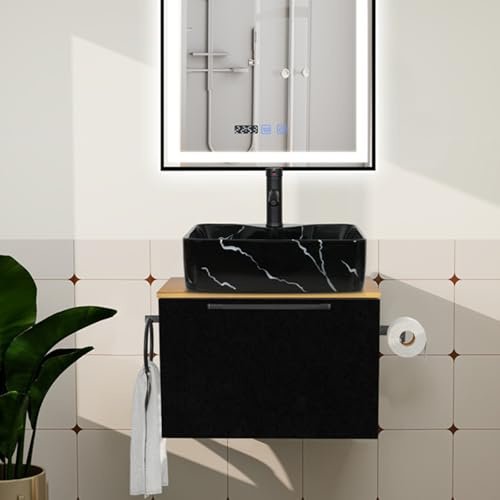 ZealWe Badmöbel Set 2-teilig Waschbecken mit Unterschrank 60 cm mit Handtuchhalter Rollenhalter, Waschtischunterschrank hängend mit Waschtish 48 cm für kleine Gäste WC Waschplatz, Schwarz