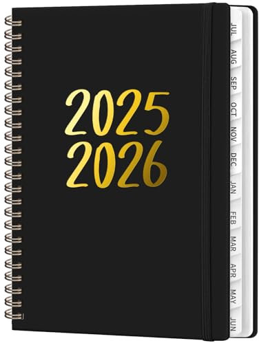 Kalender 2025 Planer, Juli 2025 - Juni 2026, Tages-, Wochen- und Monatsplaner Buch mit Registerkarten, Notizseiten, Innentasche, Spiralplaner, Agenda, Notizbuch für Schule, Uni, Arbeit, Schwarz