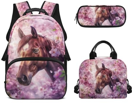 Biyejit Schulrucksack-Set, 3-teilig, 43,2 cm, Rucksack mit Lunchtasche, Federmäppchen, Schüleretui, pferd, Einheitsgröße, Schulranzen-Set