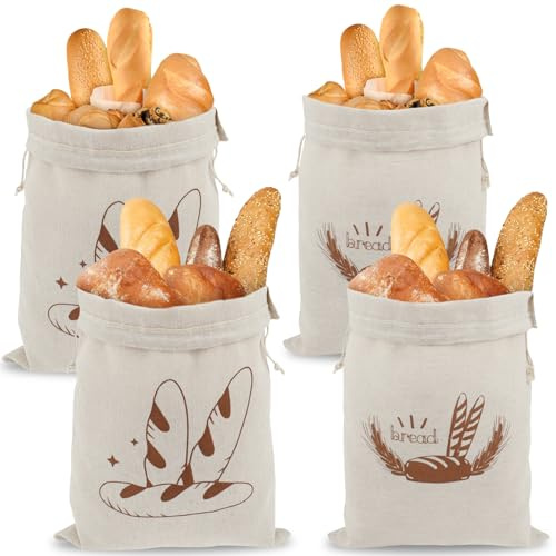 Lot de 4 sacs à pain en lin - Lavables - Avec cordon de serrage - Sans BPA - 30 x 40 cm - Réutilisables - Grands sacs de rangement pour pain, baguettes, fruits, légumes (4)