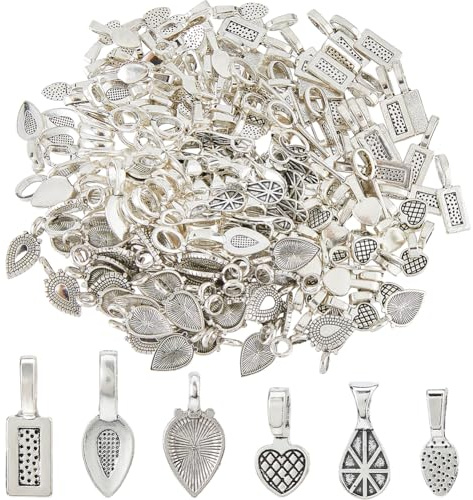 Hobbspring 200Pcs Glue on Bails for Jewelry Making 6 Styles Tibetan Alloy Glue on Flat Pad Bails Spoon Oval Rectangle Heart Teardrop Jewelry Bails Charms for DIY Crafts Supplies