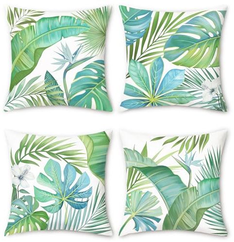 COZZSNUGE Fundas Cojines Hojas Tropicales Terciopelo Fundas de Almohada Hoja de Palma Verde Monstera Exterior Decorativas para Sofá Cama Hogar Jardín 45 x 45 cm Juego de 4