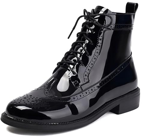 Gicoiz Femme Lacets Hiver Cuir Verni Military Brogue Bottes Confort Bloc Moyen Zip Chukka Ankle Bottines Bureau Bout Rond Noir Taille 39 EU-40Cn