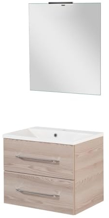 FACKELMANN B.Clever 4-teiliges Möbel-Set – Waschtischunterschrank, Gussmarmorbecken, Spiegel und LED-Leuchte, Modernes Design – Made in Germany