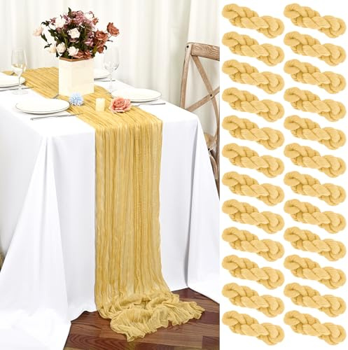 Teruntrue 24 Stück Tischläufer Gold 45x275 cm Boho Gaze Käsetuch Tischläufer für Hochzeit, Party, Babyfeier, Brautshower, Geburtstag-Dekorationen
