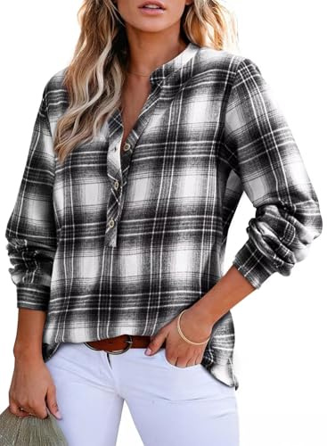GRMLRPT Blusa a Cuadros para Mujer con Botones Manga Larga Oktoberfest Túnica Informal, Cuello en V Camisa de Franela(Negro,M)
