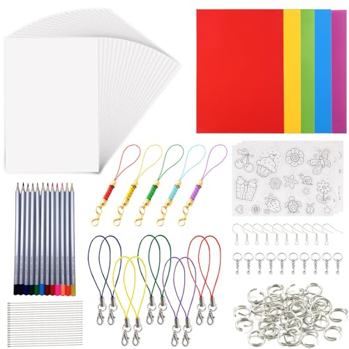 YOYEAH 225 Stück Schrumpffolie Set, 0.3mm Schrumpfpapier mit 12 Buntstiften, Schlüsselanhänger Bastelset für Kinder, Inkl. Bedruckte Muster, Shrinky Dink Paper