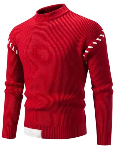 Herrtröja med rund hals – vintervarm mjuk bekväm stickad pullover, långärmad vanlig tröja med rund hals, vardaglig stickad hals för män, Röd, XL
