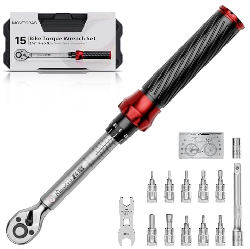 MOVECRAB Juego de llaves dinamométricas de clic con accionamiento de 1/4, 3–25 N·m; kit de 15 piezas para el mantenimiento de bicicletas de montaña y de carretera, con puntas y tarjeta