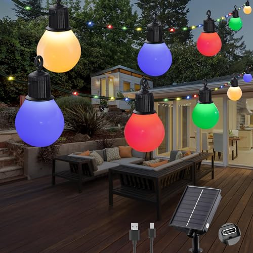 Tacobey Guirlande Solaire Extérieur avec 20 G40 Blanche Ampoules, 【Charge USB】, 10M 100 LEDs Guirlande Lumineuse Solaire 8 Modes, Etanche, Décoration pour Jardin, terrasse, Balcon (Multicolore