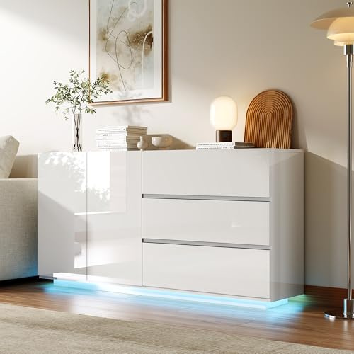 KSFASHZ LED-Beleuchtung Sideboard Weiß Hochglanz mit3 Schubladen &2 Türen, 160x35x75 cm Modernes Anrichte TV-Schrank Kommode für Esszimmer Wohnzimmer