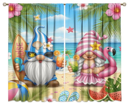 KuracleGH Summer Beach Dwarf Couple Curtains-Tropical Seaside Palms Leaves Orchids Rod Pocket Back Tab Window Drapes,Cartoon Cute Gnomes Thermal Insulated Blackout Curtain,2pcs,Each 42“W x 63”L